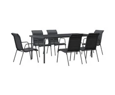 Lauko baldų komplektas Sodo valgomojo komplektas, 7 dalių, juodas, plienas/tekstilenas