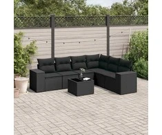 Sofa Sofos komplektas su pagalvėlėmis, 7 dalių, juodas, poliratanas