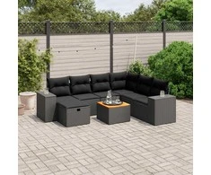 Sofa Sofos komplektas su pagalvėlėmis, 8 dalių, juodas, poliratanas