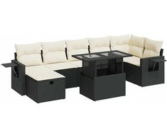 Lauko baldų komplektas Sofos komplektas su pagalvėlėmis, 8 dalių, juodas, poliratanas
