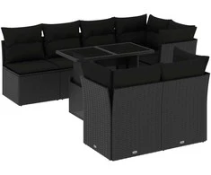 Lauko baldų komplektas Sofos komplektas su pagalvėlėmis, 8 dalių, juodas, poliratanas