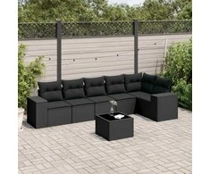 Sofa Sofos komplektas su pagalvėlėmis, 7 dalių, juodas, poliratanas