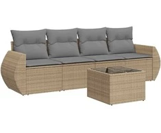 Sofa Sofos komplektas su pagalvėlėmis, 5 dalių, smėlio, poliratanas