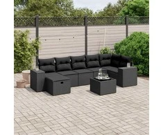Sofa Sofos komplektas su pagalvėlėmis, 8 dalių, juodas, poliratanas