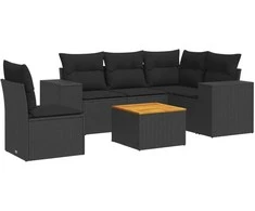 Sofa Sofos komplektas su pagalvėlėmis, 6 dalių, juodas, poliratanas