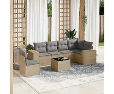 Sofa Sofos komplektas su pagalvėlėmis, 7 dalių, smėlio, poliratanas