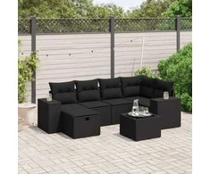 Sofa Sofos komplektas su pagalvėlėmis, 7 dalių, juodas, poliratanas