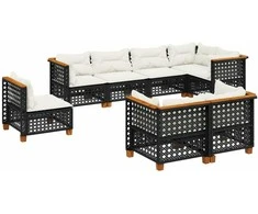 Lauko baldų komplektas Sofos komplektas su pagalvėlėmis, 8 dalių, juodas, poliratanas