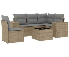 Sofa Sofos komplektas su pagalvėlėmis, 6 dalių, smėlio, poliratanas