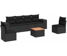 Sofa Sofos komplektas su pagalvėlėmis, 7 dalių, juodas, poliratanas