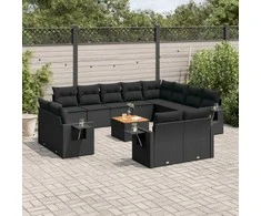 Sofa Sofos komplektas su pagalvėlėmis, 13 dalių, juodas, poliratanas