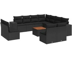 Sofa Sofos komplektas su pagalvėlėmis, 12 dalių, juodas, poliratanas