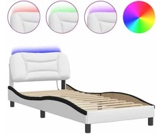 Lovos rėmas su LED, baltas ir juodas, 90x190cm, dirbtinė oda