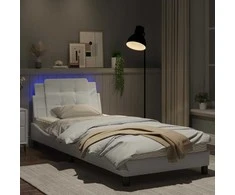Lovos rėmas su LED, baltos spalvos, 90x200cm, dirbtinė oda