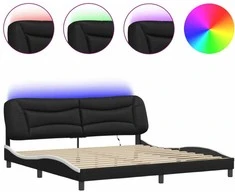 Lovos rėmas su LED, juodas ir baltas, 200x200cm, dirbtinė oda