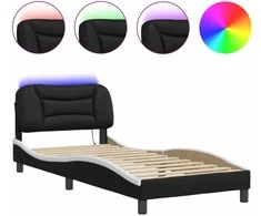 Lova Lovos rėmas su LED, juodas ir baltas, 90x200cm, dirbtinė oda