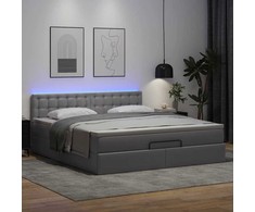Osmanų lova su čiužiniais ir LED, pilkas, 160x200cm, dirbt. oda
