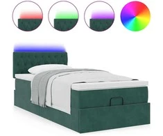 Osmanų lova su čiužiniu ir LED, tamsiai žalias 80x200cm aksomas
