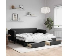 Lova su ištraukiama dalimi/stalčiais, juoda, 90x190cm, audinys