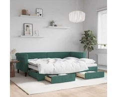 Lova su ištraukiama dalimi/stalčiais, žalia, 80x200cm, aksomas