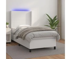 Lova su spyruoklėmis/čiužiniu/LED, balta, 90x190cm dirbtinė oda