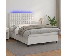 Lova su spyruoklėmis/čiužiniu/LED, balta 140x190cm dirbtinė oda