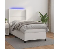 Lova su spyruoklėmis/čiužiniu/LED, balta 100x200cm dirbtinė oda