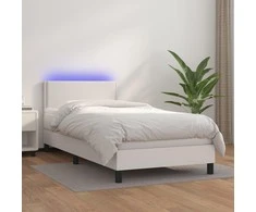 Lova su spyruoklėmis/čiužiniu/LED, balta 100x200cm dirbtinė oda