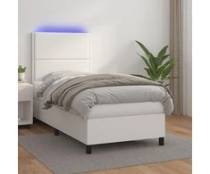 Lova su spyruoklėmis/čiužiniu/LED, balta 100x200cm dirbtinė oda