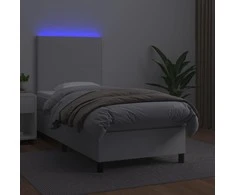 Lova su spyruoklėmis/čiužiniu/LED, balta, 90x200cm dirbtinė oda
