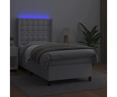 Lova su spyruoklėmis/čiužiniu/LED, balta 100x200cm dirbtinė oda
