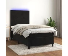 Lova su spyruoklėmis/čiužiniu/LED, juoda, 100x200cm, aksomas