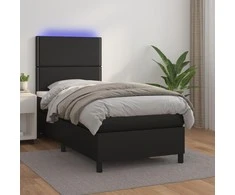 Lova su spyruoklėmis/čiužiniu/LED, juoda 100x200cm dirbtinė oda