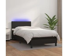 Lova su spyruoklėmis/čiužiniu/LED, juoda, 90x190cm dirbtinė oda