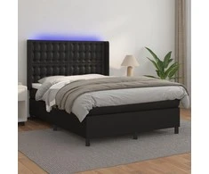 Lova su spyruoklėmis/čiužiniu/LED, juoda 140x200cm dirbtinė oda
