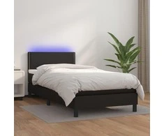 Lova su spyruoklėmis/čiužiniu/LED, juoda, 90x190cm dirbtinė oda