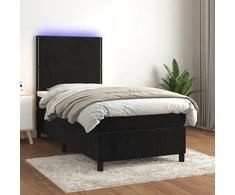 Lova su spyruoklėmis/čiužiniu/LED, juoda, 90x190cm, aksomas