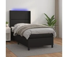 Lova su spyruoklėmis/čiužiniu/LED, juoda, 90x190cm dirbtinė oda