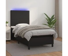Lova su spyruoklėmis/čiužiniu/LED, juoda 100x200cm dirbtinė oda