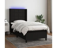 Lova su spyruoklėmis/čiužiniu/LED, juoda, 90x190 cm, audinys
