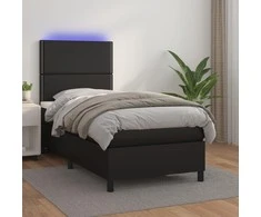 Lova su spyruoklėmis/čiužiniu/LED, juoda, 90x190cm dirbtinė oda