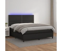 Lova su spyruoklėmis/čiužiniu/LED, juoda 180x200cm dirbtinė oda