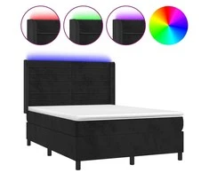 Lova su spyruoklėmis/čiužiniu/LED, juoda, 140x190cm, aksomas