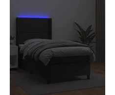 Lova su spyruoklėmis/čiužiniu/LED, juoda, 90x190cm dirbtinė oda