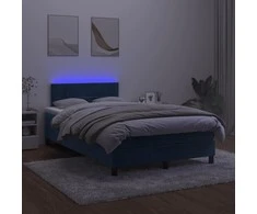 Lova su spyruoklėmis/čiužiniu/LED, mėlyna, 120x200cm, aksomas