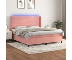Lova su spyruoklėmis/čiužiniu/LED, rožinė, 160x200cm, aksomas