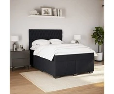 Lova su spyruoklėmis ir čiužiniu, juoda, 140x200 cm, aksomas