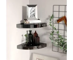 Pakabinamos kampinės lentynos, 2vnt., juodos, 25x25x3,8cm, MDF