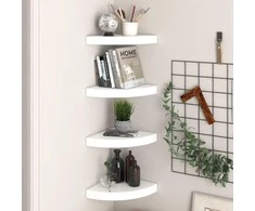 Pakabinamos kampinės lentynos, 4vnt., baltos, 25x25x3,8cm, MDF