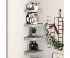 Pakabinamos kampinės lentynos, 4vnt., pilkos, 25x25x3,8cm, MDF